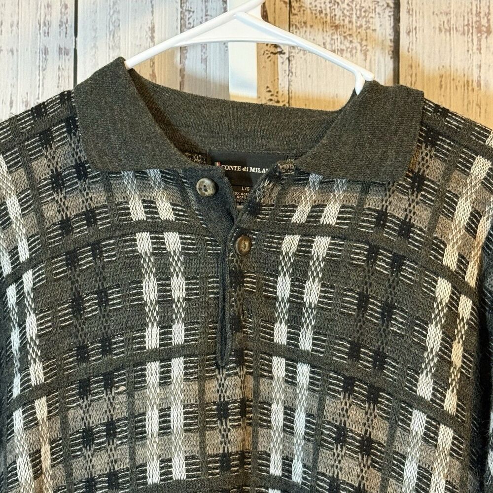 Conte Di Milano Vintage Wool Blend Men’s Large Collared Pullover Sweater Plaid - Picture 2 of 5